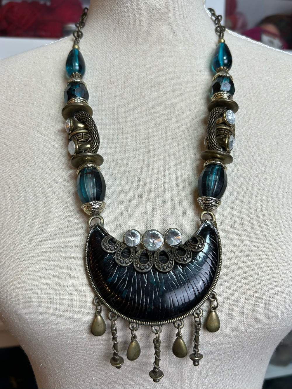Boho Teal Acrylic Beaded Crescent Bib Statement Necklace Fringe Chic Boho Magic